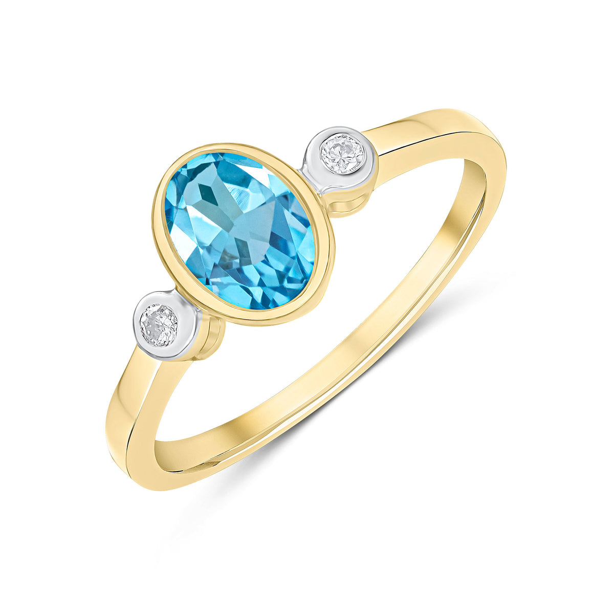9CT YG 7X5 OVAL SWISS BLUE TOPAZ AND ROUND DIAMOND 3ST RUBOVER RING. RHODIUM TO DIAMONDS