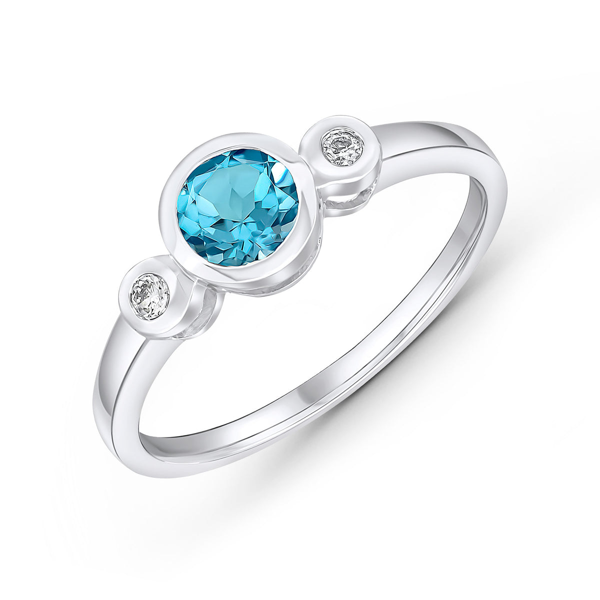 9CT WG 5MM ROUND SWISS BLUE TOPAZ AND DIAMOND RUBOVER 3ST RING