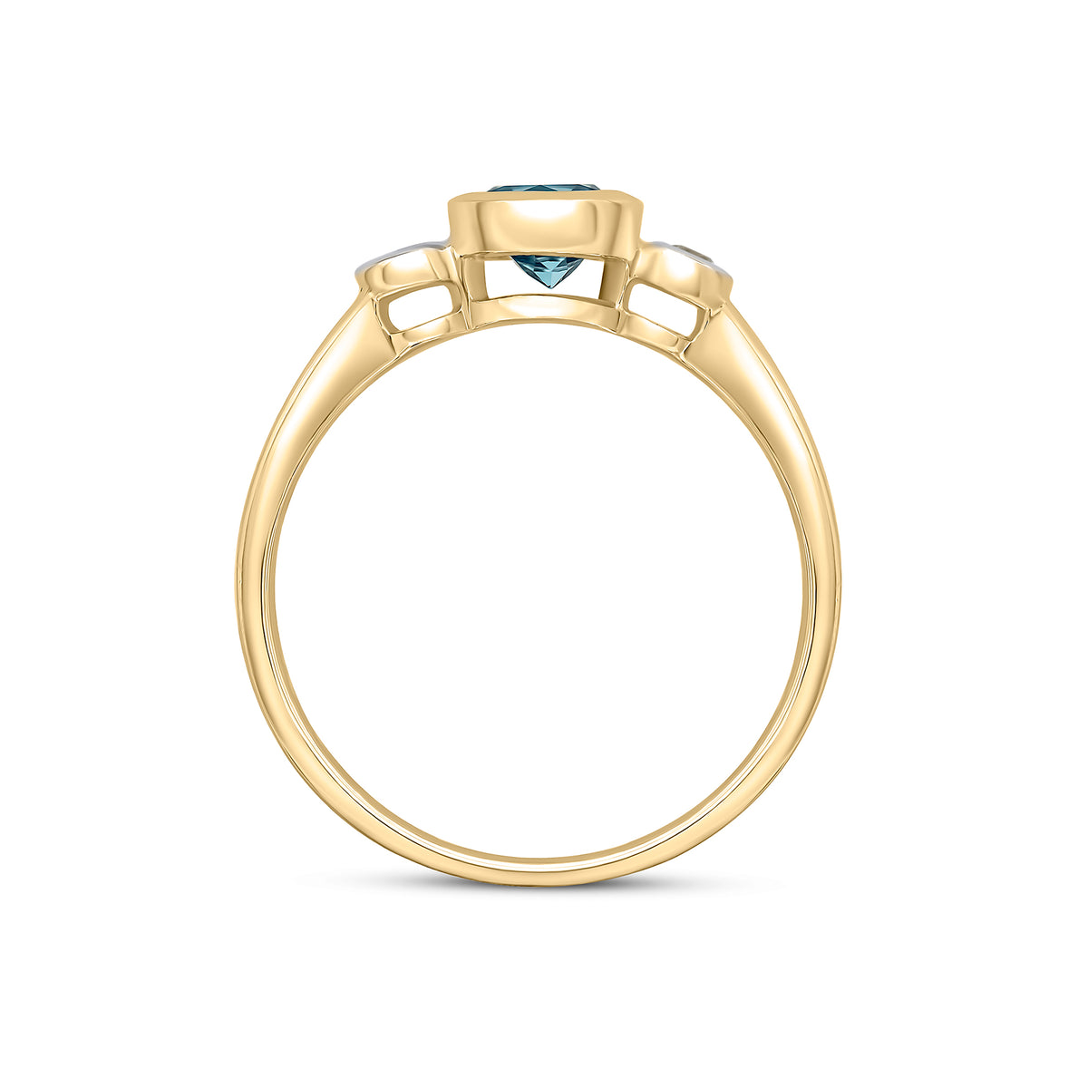 9CT YG 5MM ROUND SWISS BLUE TOPAZ AND DIAMOND RUBOVER 3ST RING. RHODIUM TO DIAMONDS
