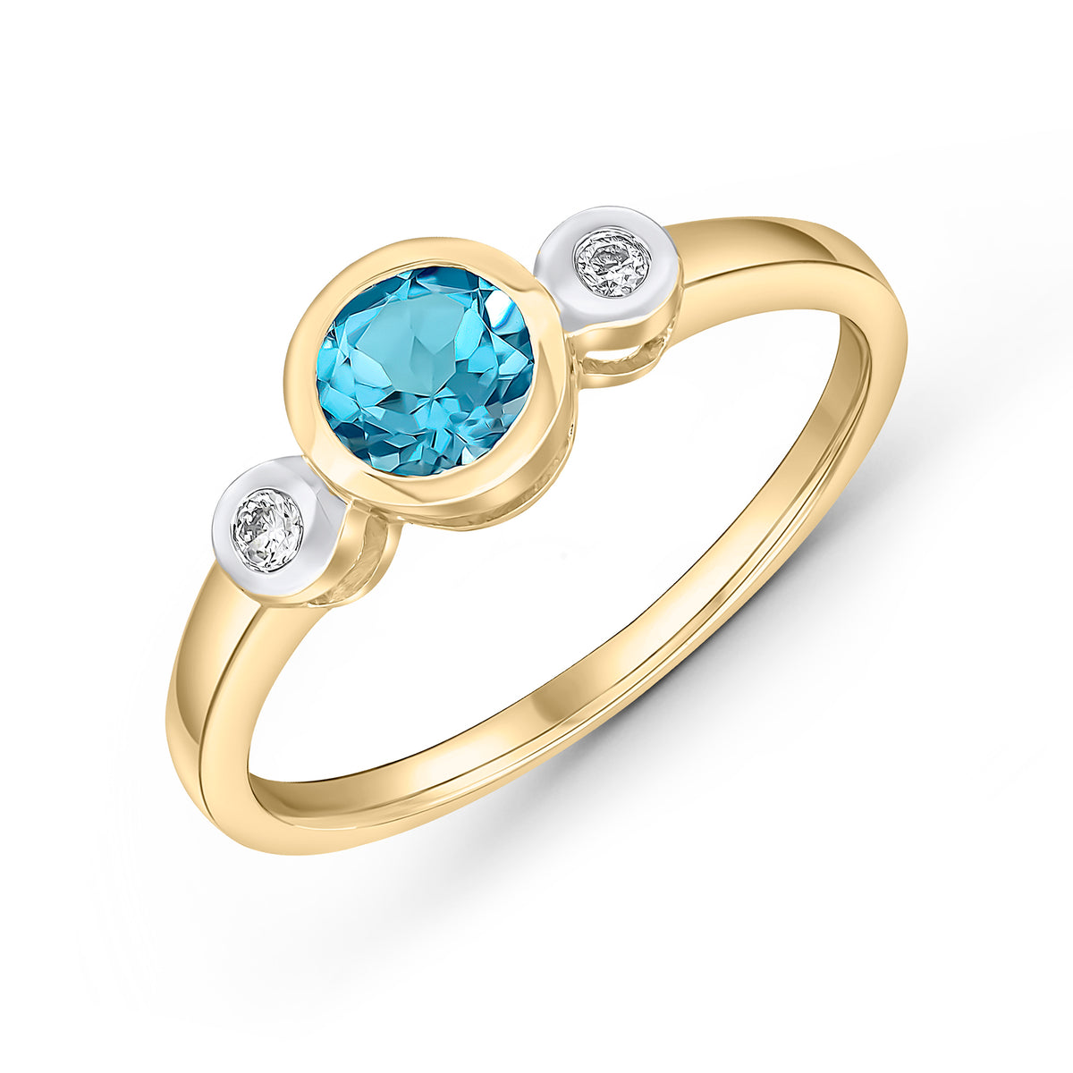 9CT YG 5MM ROUND SWISS BLUE TOPAZ AND DIAMOND RUBOVER 3ST RING. RHODIUM TO DIAMONDS