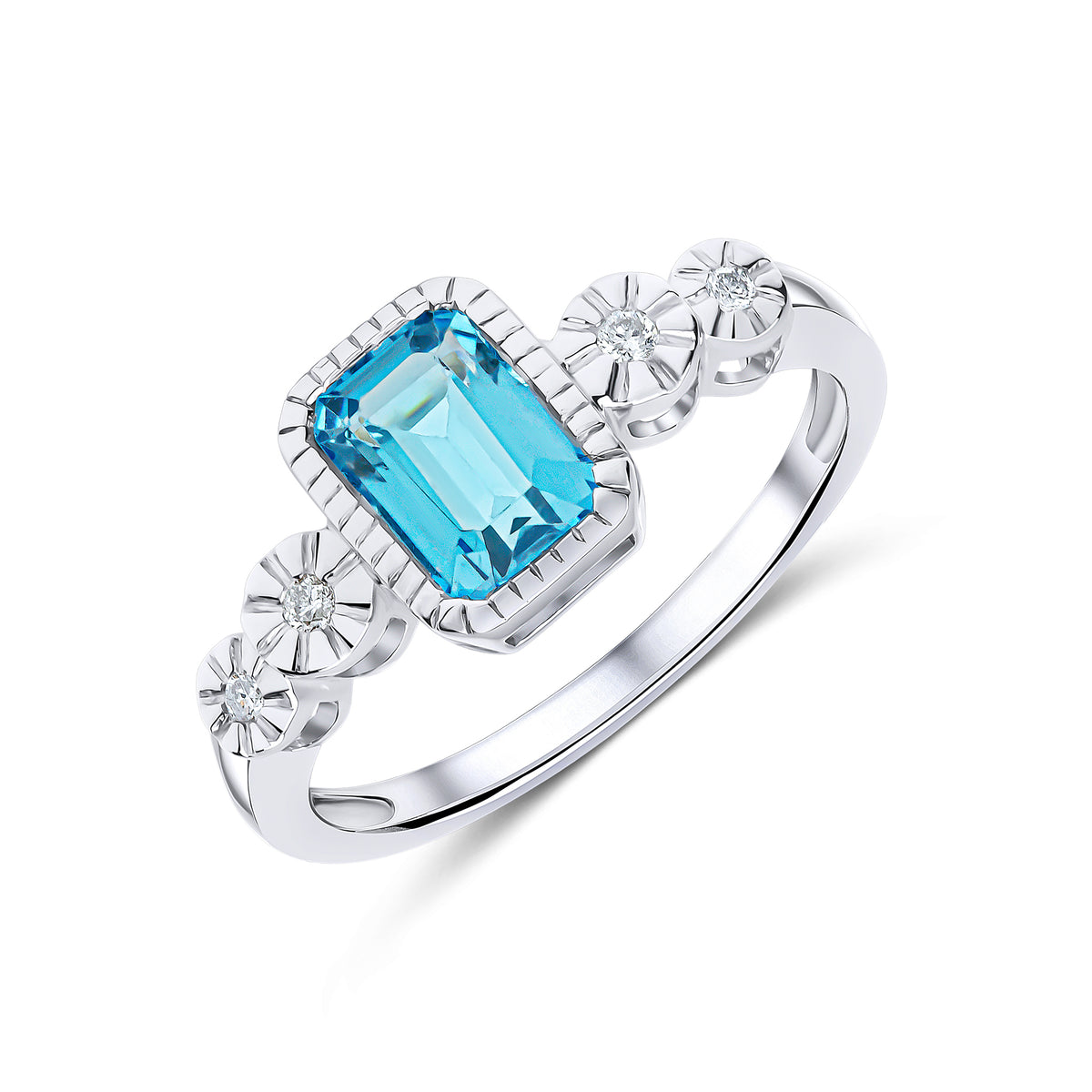 9CT WHITE GOLD MILLEGRAIN OCTAGON SWISS BLUE TOPAZ AND ILLUSION DIAMOND 2ST SHOULDERS RING