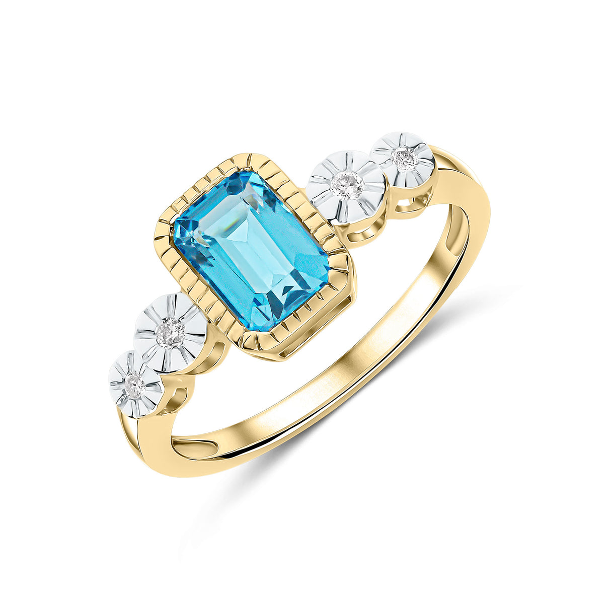 9CT YELLOW GOLD MILLEGRAIN OCTAGON SWISS BLUE TOPAZ AND ILLUSION DIAMOND 2ST SHOULDERS RING