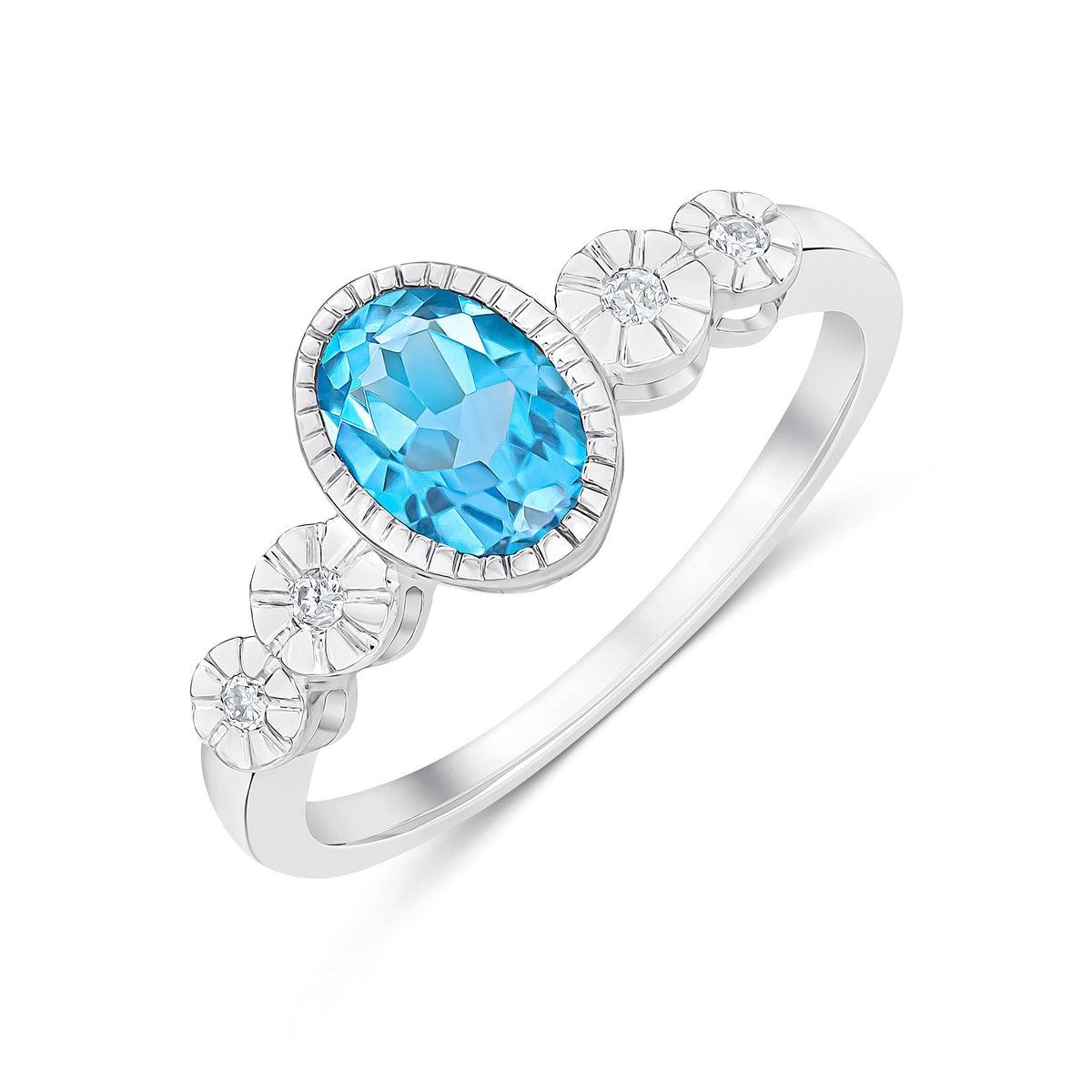 9CT WHITE GOLD MILLEGRAIN OVAL SWISS BLUE TOPAZ AND ILLUSION DIAMOND 4ST SHOULDERS RING