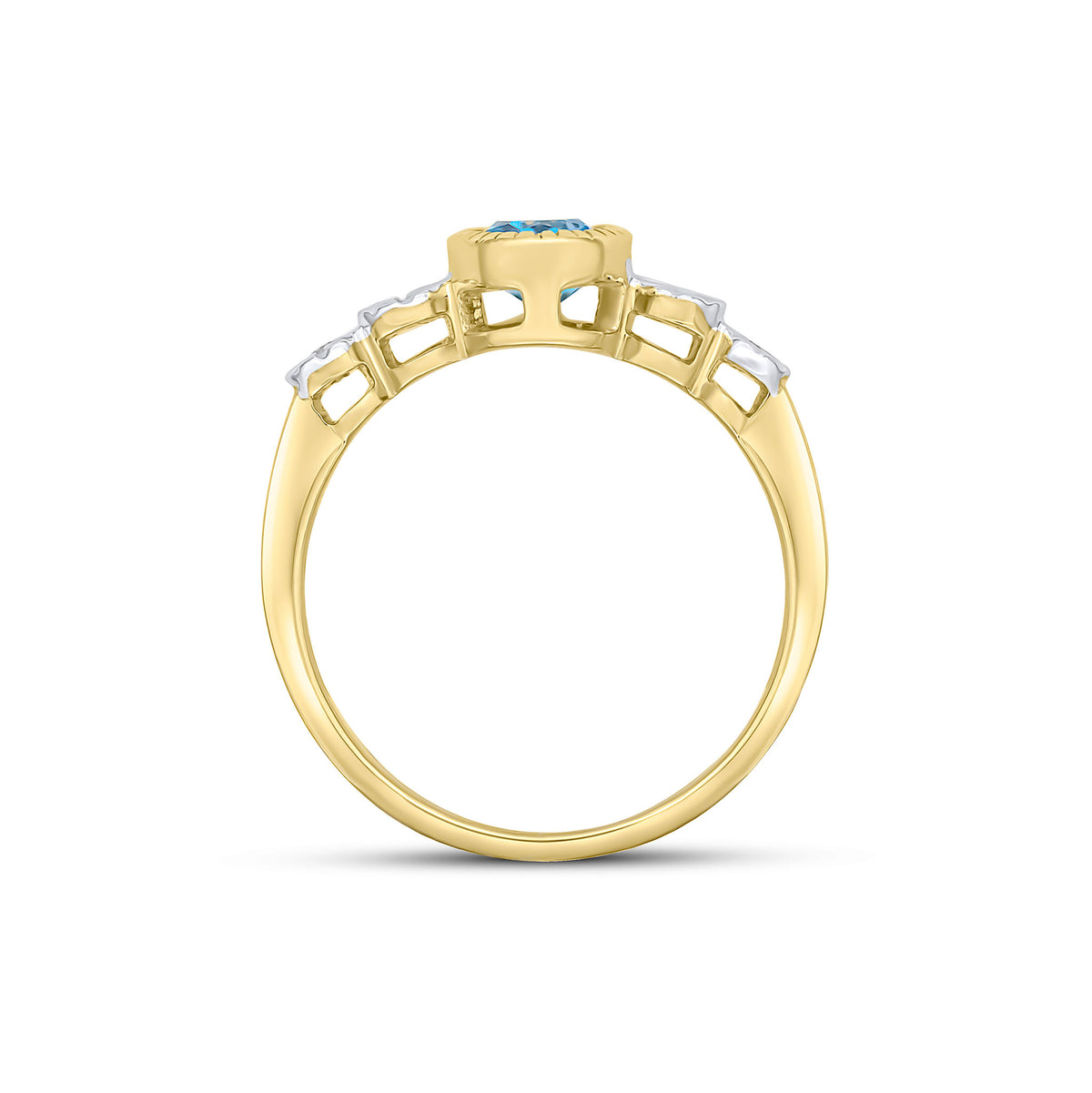9CT YELLOW GOLD MILLEGRAIN OVAL SWISS BLUE TOPAZ AND ILLUSION DIAMOND 4ST SHOULDERS RING