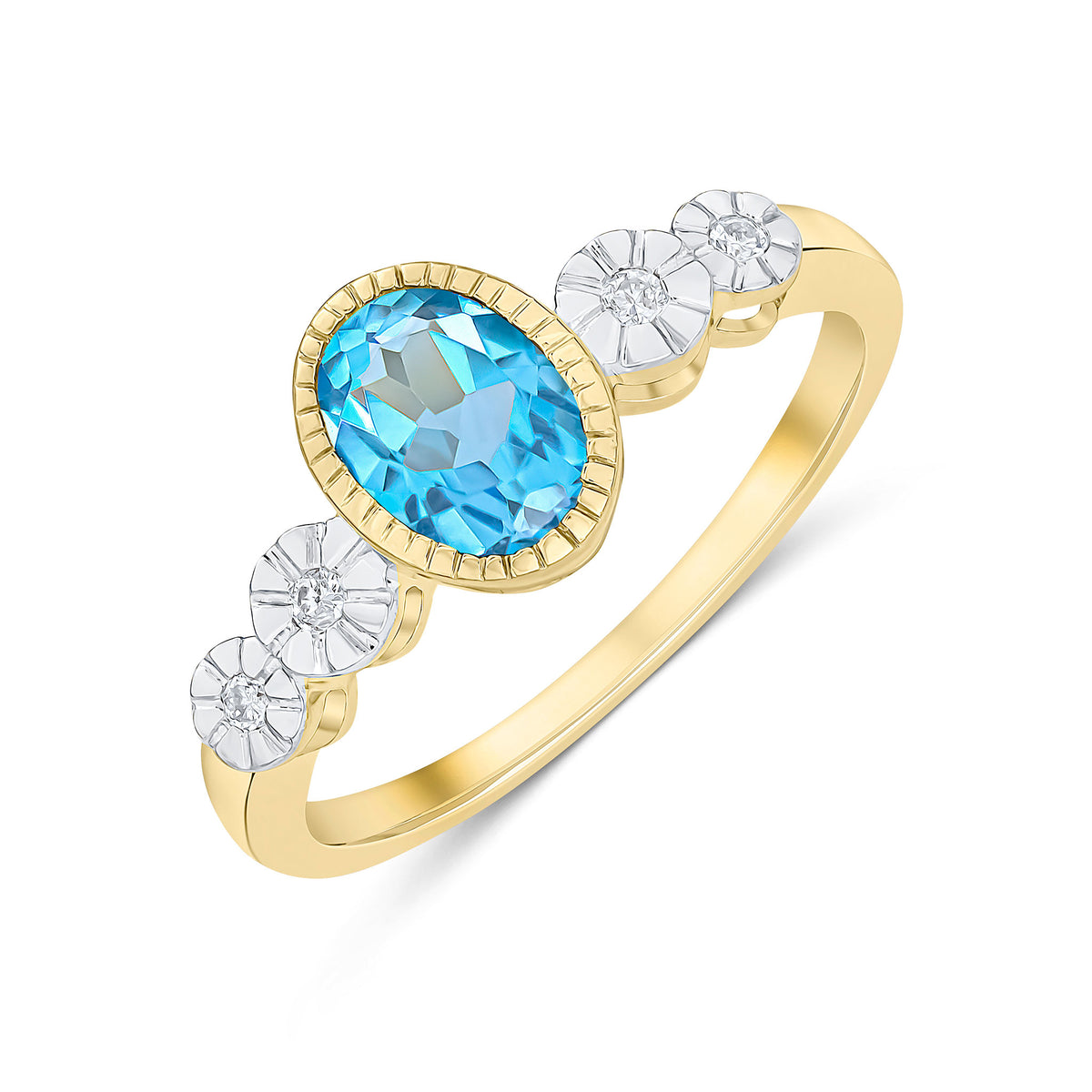 9CT YELLOW GOLD MILLEGRAIN OVAL SWISS BLUE TOPAZ AND ILLUSION DIAMOND 4ST SHOULDERS RING