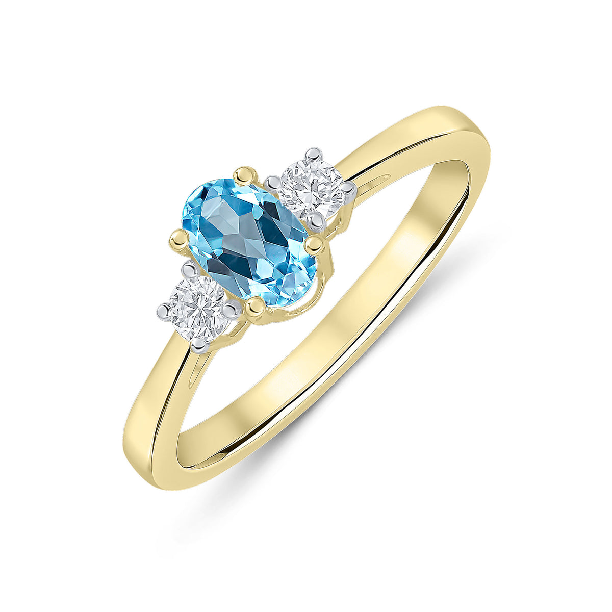 9CT YG 6X4 OVAL SWISS BLUE TOPAZ AND ROUND DIAMOND CLAW SET 3ST RING. RHODIUM TO DIAMONDS