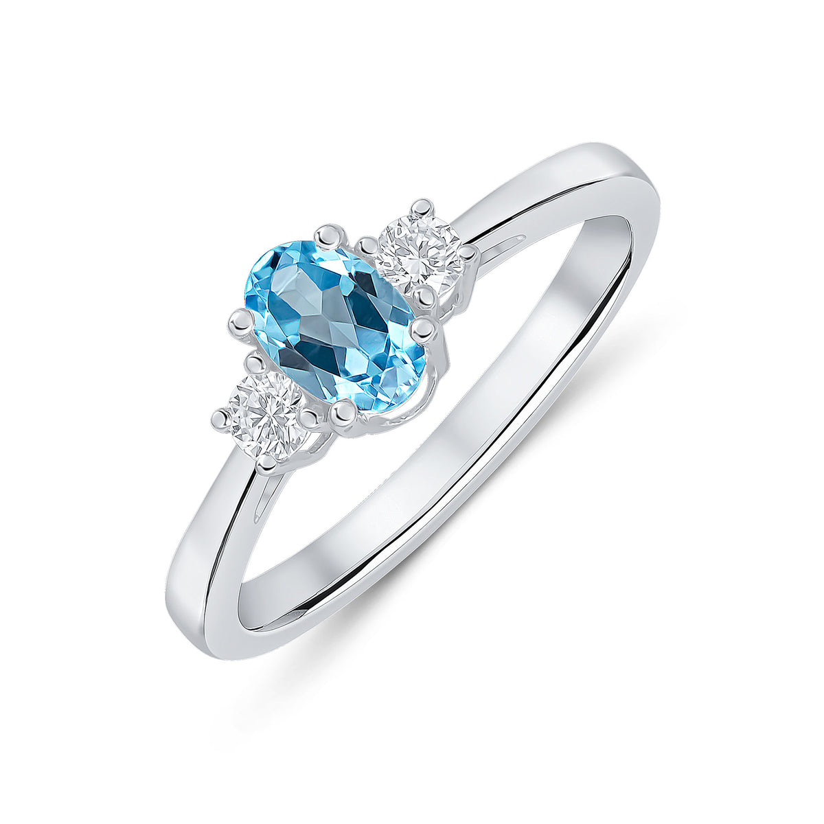 9CT WG 6X4 OVAL SWISS BLUE TOPAZ AND ROUND DIAMOND CLAW SET 3ST RING