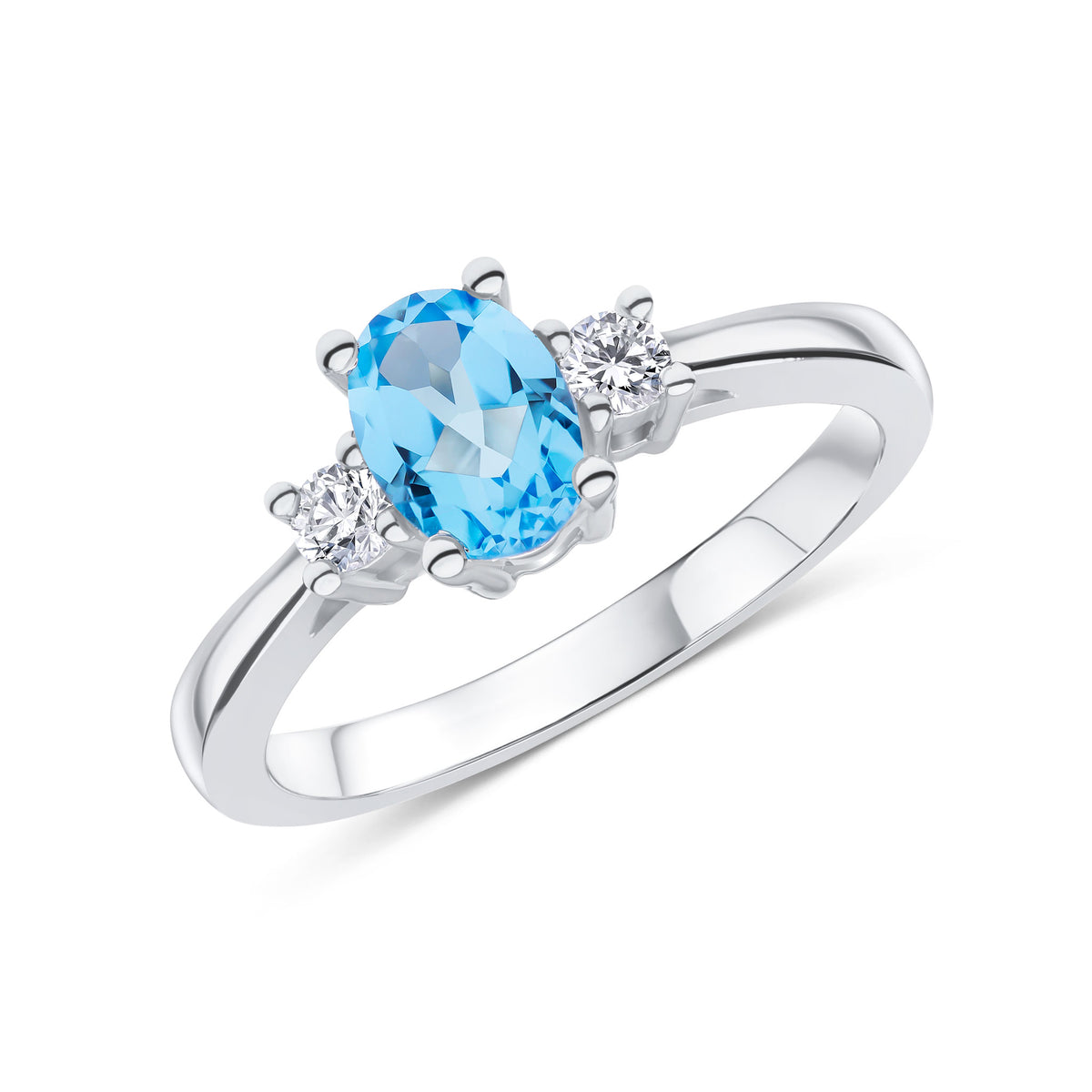9CT WG 7X5 OVAL SWISS BLUE TOPAZ AND ROUND DIAMOND CLAW SET 3ST RING