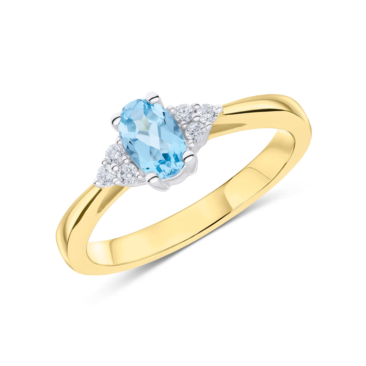 9CT YWG 6X4 OVAL SWISS BLUE TOPAZ AND ROUND DIAMOND TREFOIL SHOULDERS RING