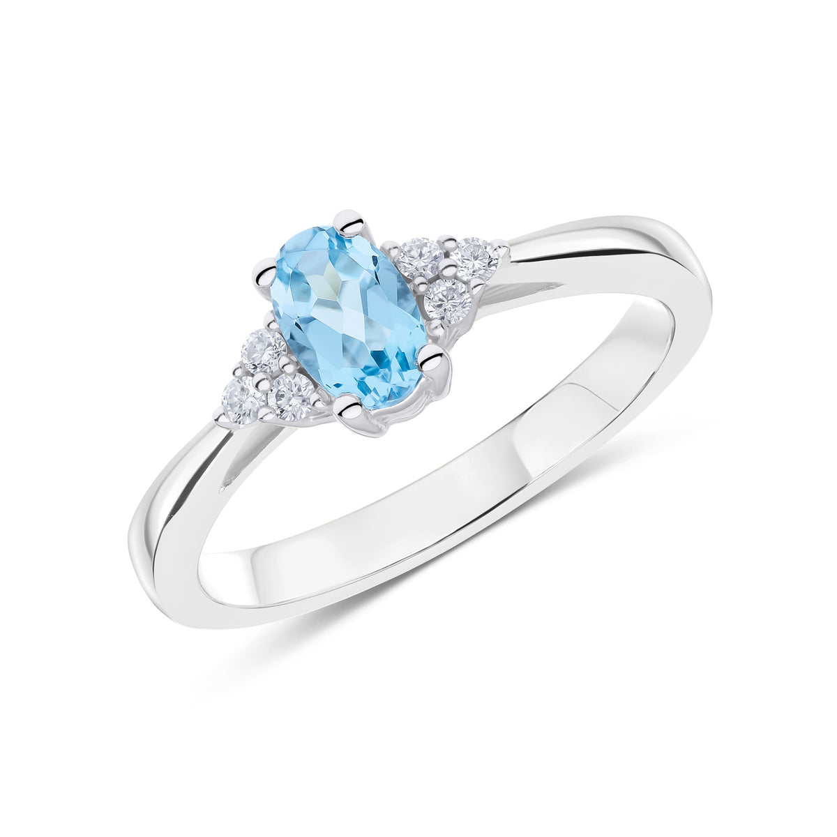 9CT WG 6X4 OVAL SWISS BLUE TOPAZ AND ROUND DIAMOND TREFOIL SHOULDERS RING