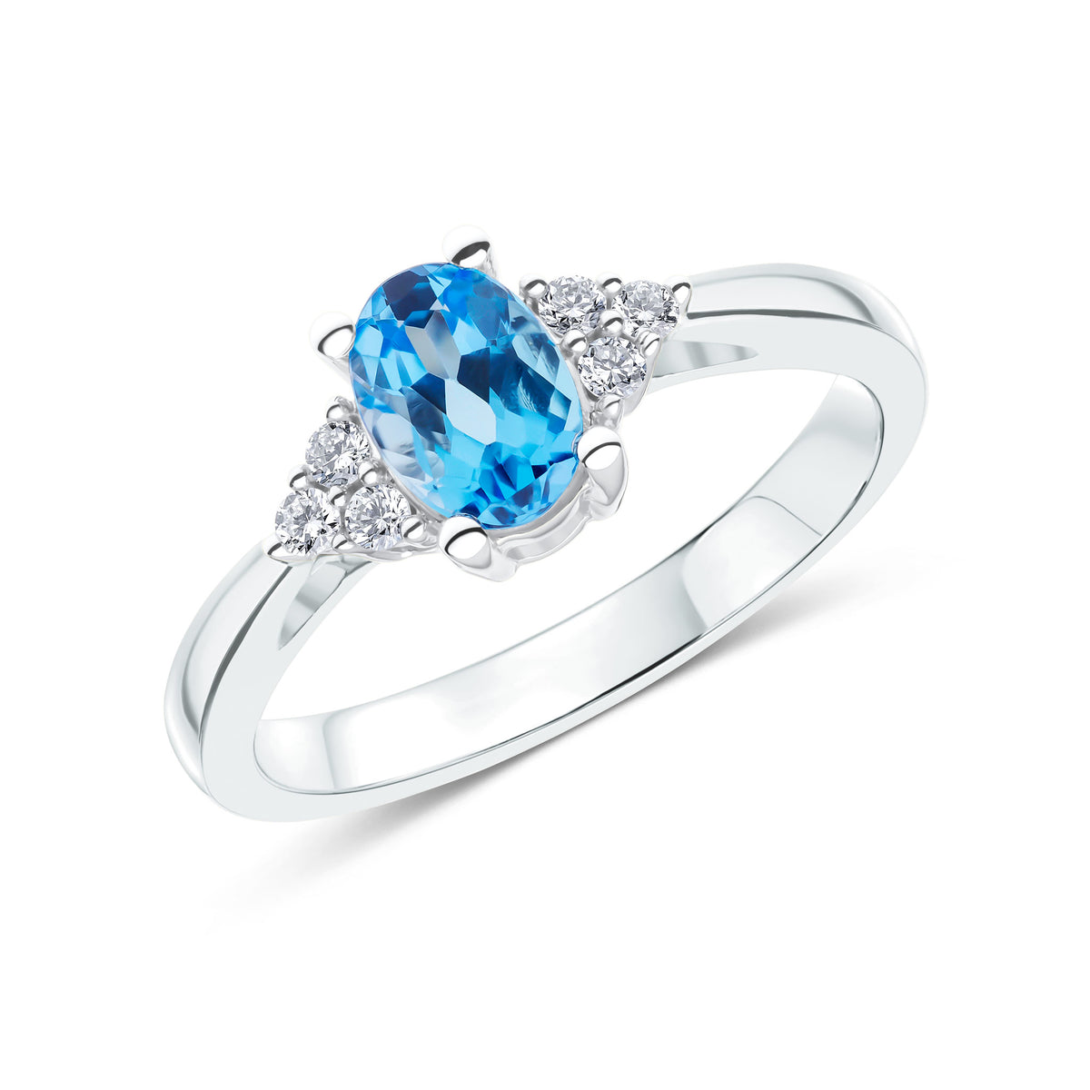 9CT WG 7X5 OVAL SWISS BLUE TOPAZ & DIAMOND TREFOIL SHOULDERS RING