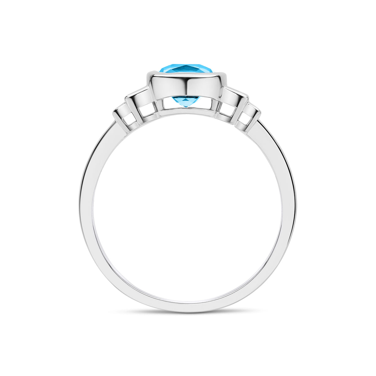 9CT WG 6MM CUSHION SWISS BLUE TOPAZ & BAGUETTE DIAMOND 2ST STEPPED SHOULDERS RING