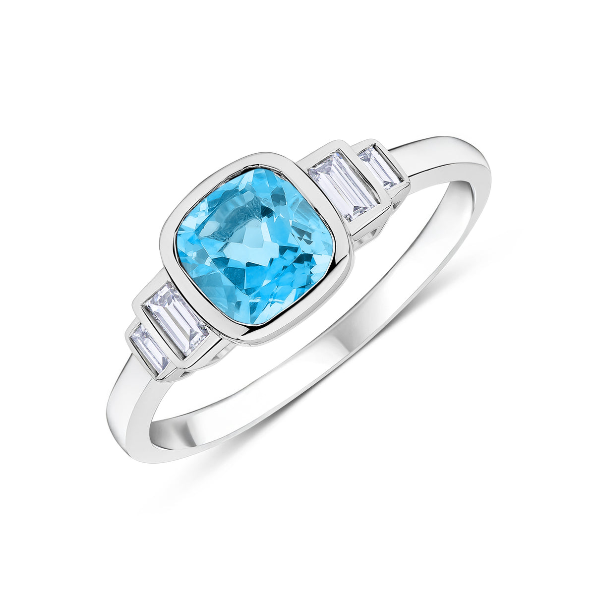 9CT WG 6MM CUSHION SWISS BLUE TOPAZ & BAGUETTE DIAMOND 2ST STEPPED SHOULDERS RING