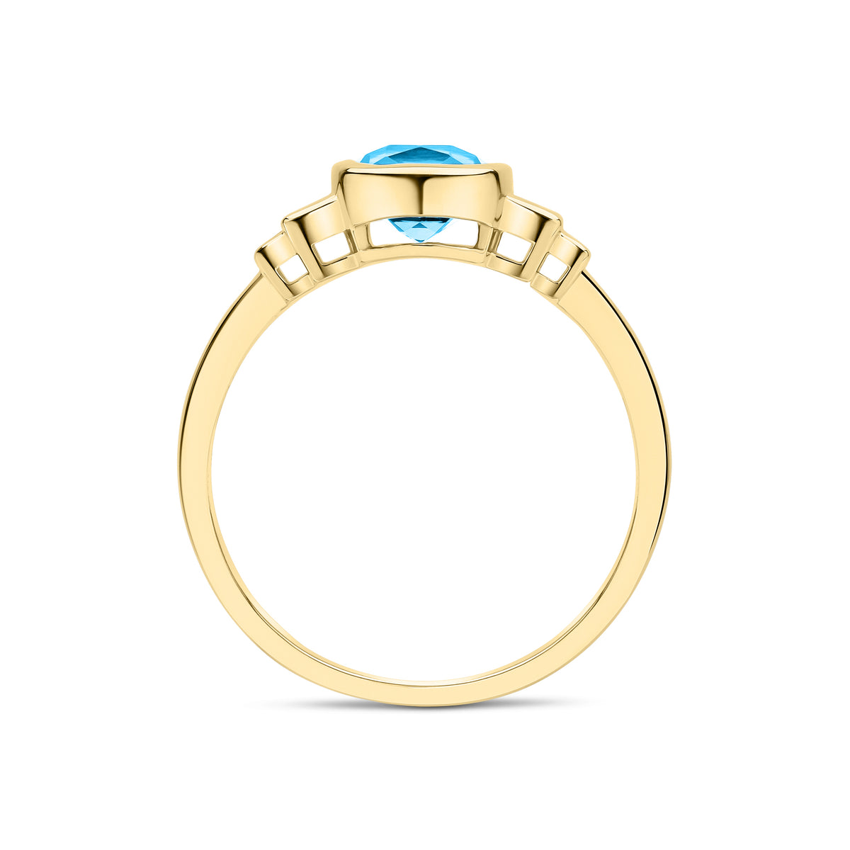 9CT YG 6MM CUSHION SWISS BLUE TOPAZ & BAGUETTE DIAMOND 2ST STEPPED SHOULDERS RING