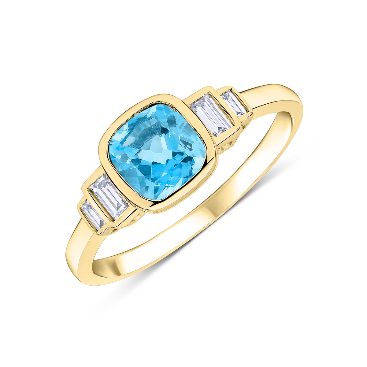 9CT YG 6MM CUSHION SWISS BLUE TOPAZ & BAGUETTE DIAMOND 2ST STEPPED SHOULDERS RING