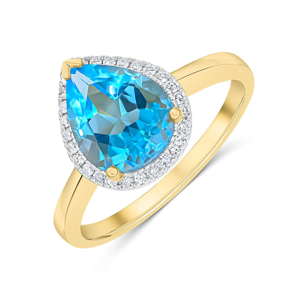 9CT YG 10X8 PEARSHAPE SWISS BLUE TOPAZ & DIAMOND CLUSTER RING