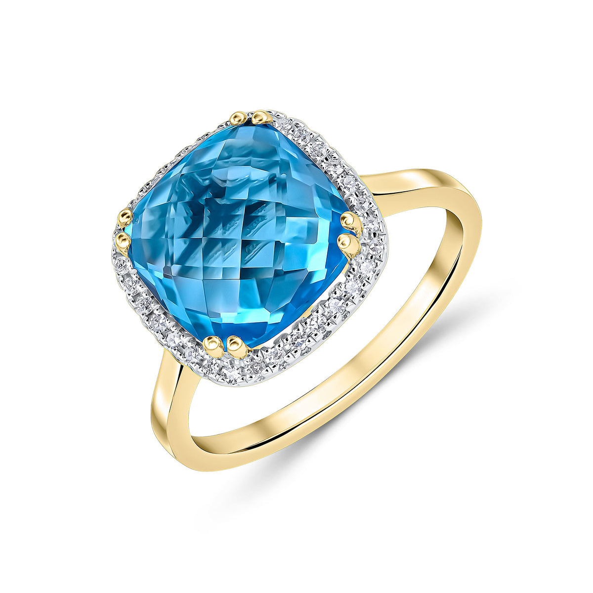9CT YG 10MM CHECKERBOARD CUT CUSHION SWISS BLUE TOPAZ AND ROUND DIAMOND CLAW SET CLUSTER RING. RHODIUM TO DIAMONDS