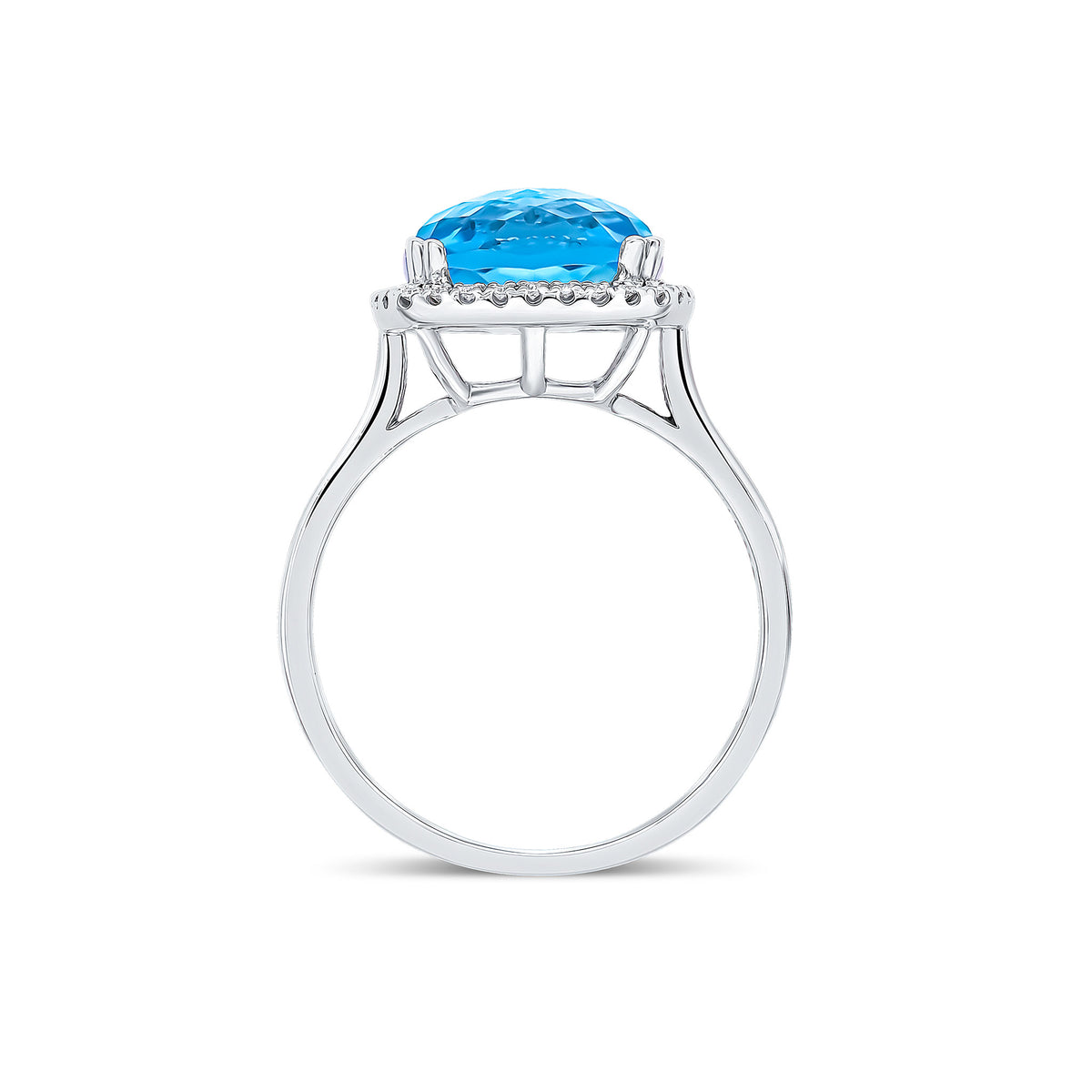 9CT WG 10MM CHECKERBOARD CUT CUSHION SWISS BLUE TOPAZ & DIAMOND CLAW SET CLUSTER RING