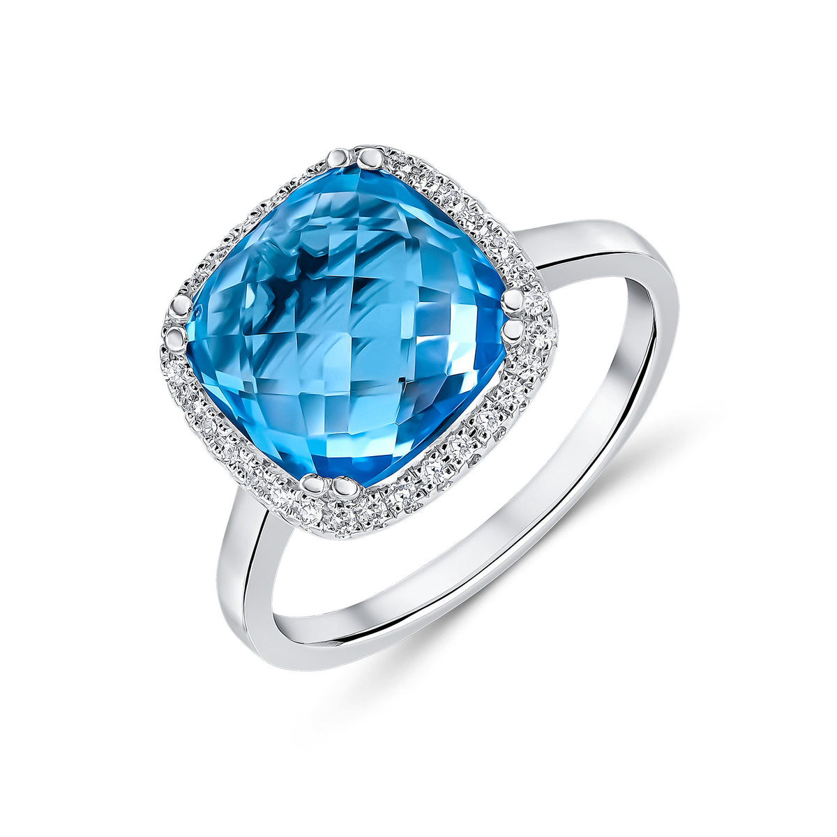 9CT WG 10MM CHECKERBOARD CUT CUSHION SWISS BLUE TOPAZ & DIAMOND CLAW SET CLUSTER RING