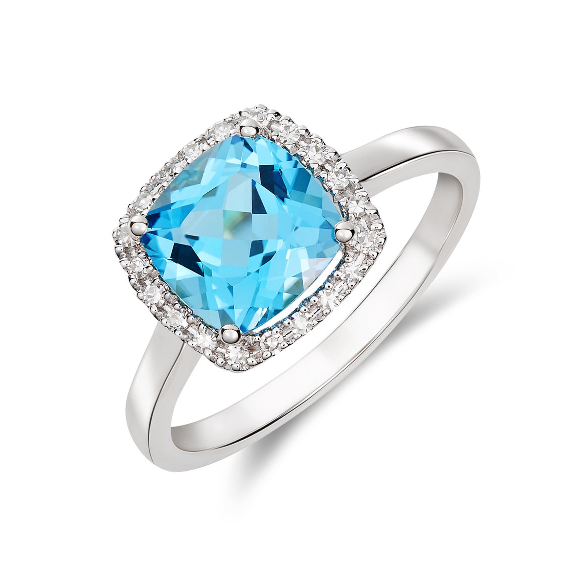 9CT WG 8MM CUSHION SWISS BLUE TOPAZ AND DIAMOND CLAW CLUSTER RING