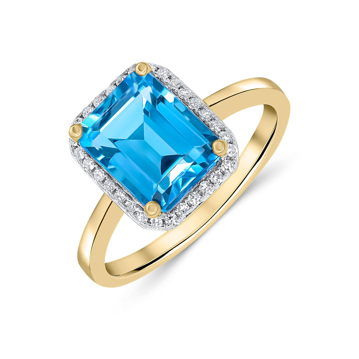 9CT YG 9X7 OCTAGON SWISS BLUE TOPAZ & DIAMOND CLAW SET CLUSTER RING RHODIUM TO DIAMONDS