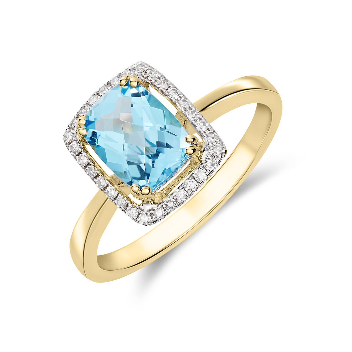 9CT YG 8X6 CUSHION CHECKERBOARD CUT SWISS BLUE TOPAZ & DIAMOND HALO CLUSTER RING. RHODIUM TO DIAMONDS