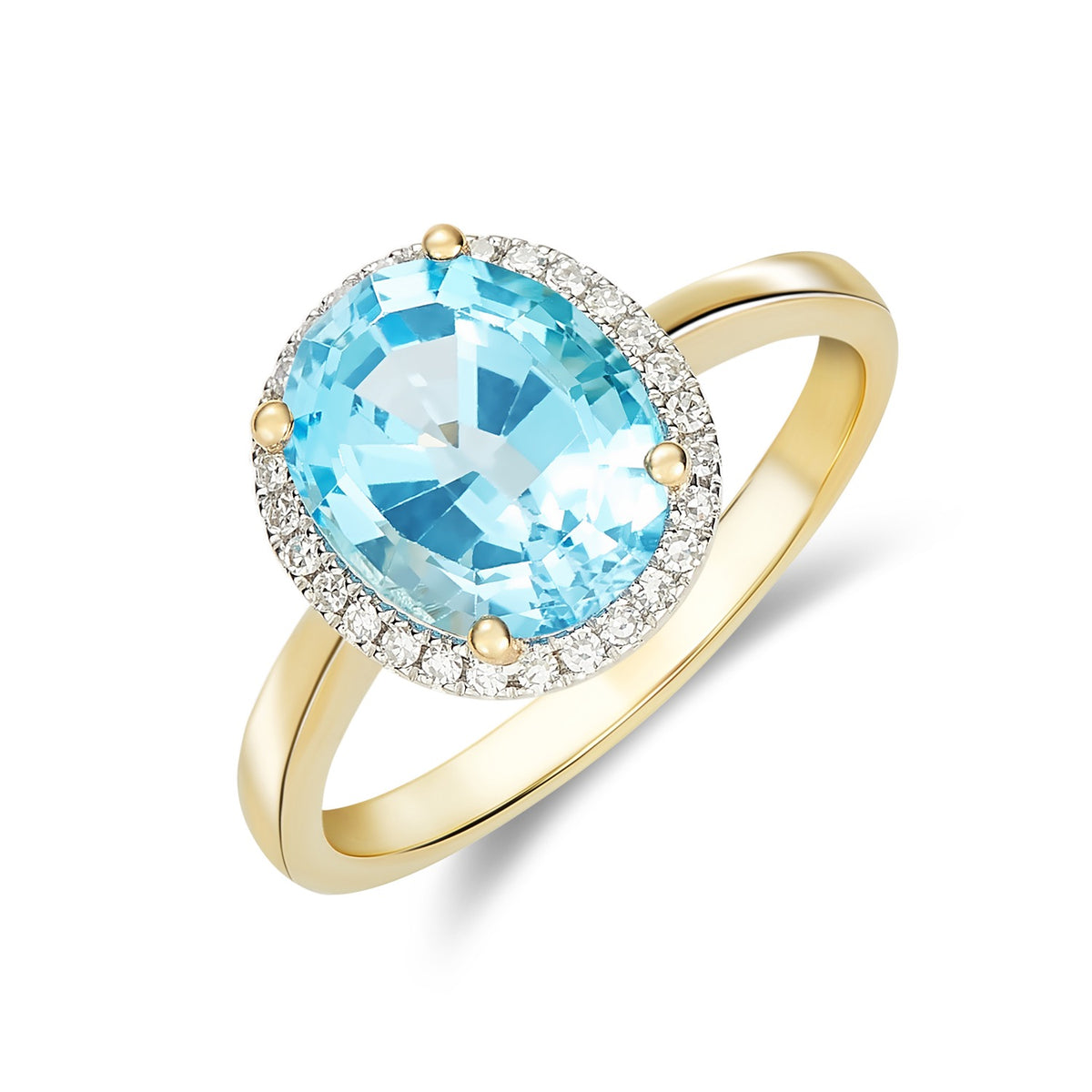 9CT YG 10X8 OVAL SWISS BLUE TOPAZ AND DIAMOND CLAW SET CLUSTER RING. RHODIUM TO DIAMONDS