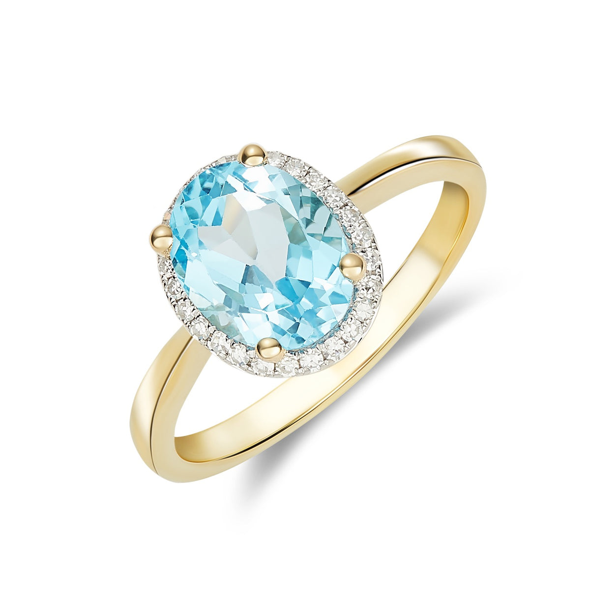 9CT YG 9X7 OVAL SWISS BLUE TOPAZ AND DIAMOND CLAW SET CLUSTER RING. RHODIUM TO DIAMONDS