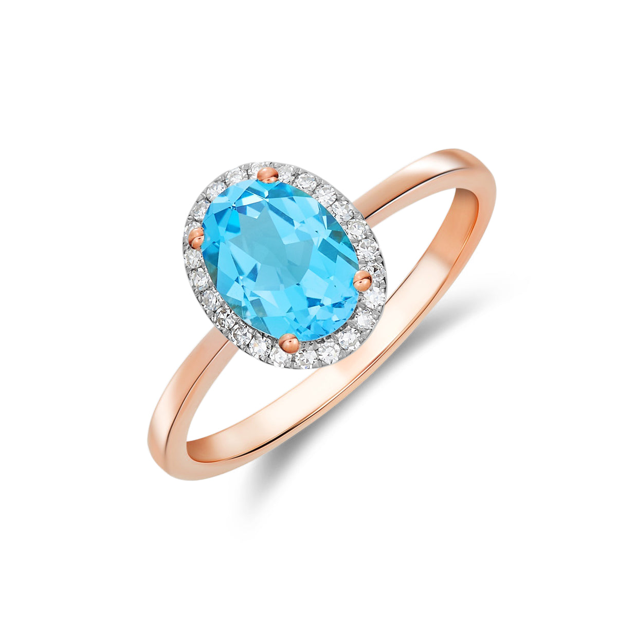 9CT RG 8X6 OVAL SWISS BLUE TOPAZ & DIAMOND CLAW SET CLUSTER RING. RHODIUM TO DIAMONDS