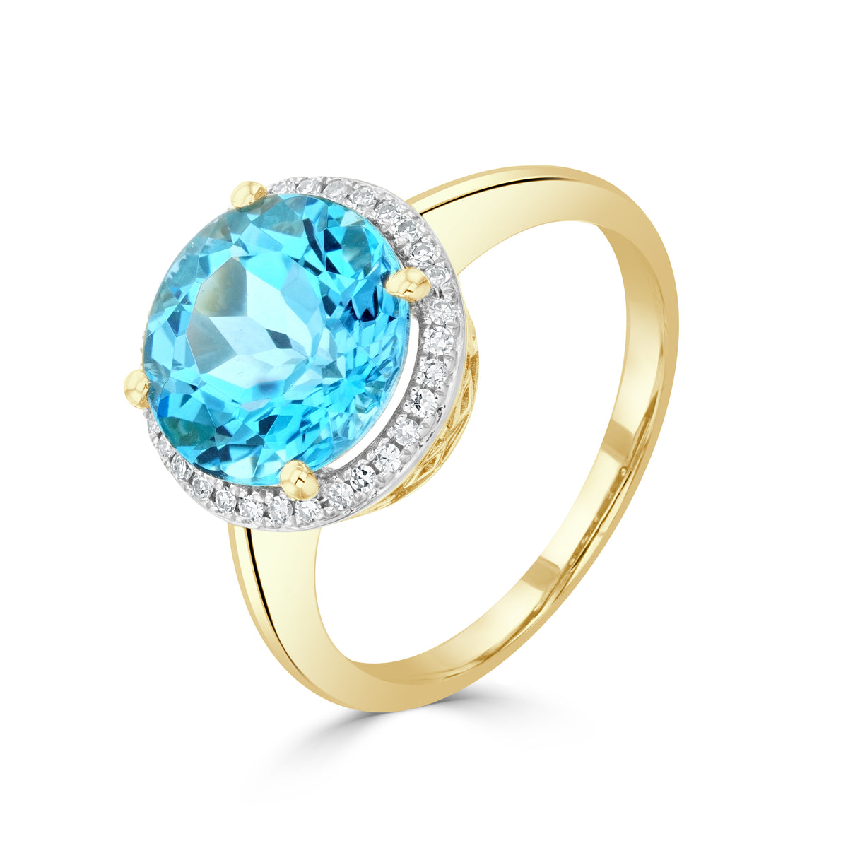 9YG 10MM ROUND SWISS BLUE TOPAZ & DIAMOND CLUSTER RING