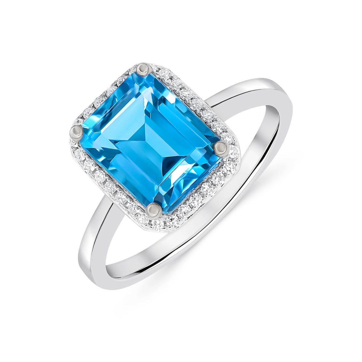 9CT WG 9X7 OCTAGON SWISS BLUE TOPAZ & DIAMOND CLAW SET CLUSTER RING