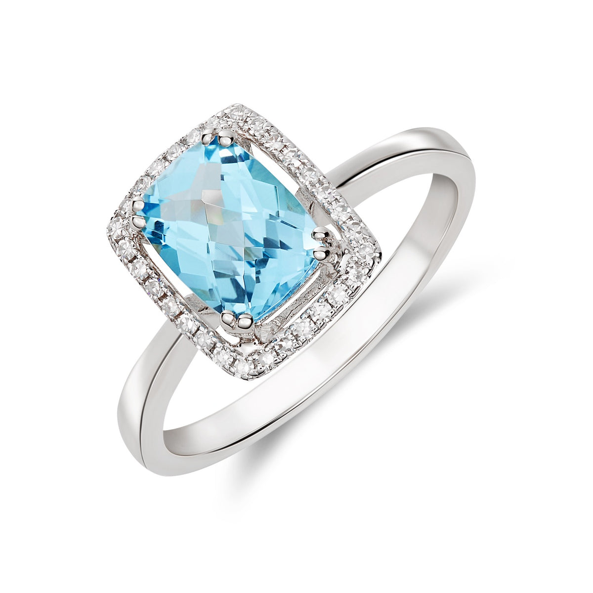 9CT WG 8X6 CUSHION CHECKERBOARD CUT SWISS BLUE TOPAZ & DIAMOND HALO CLUSTER RING