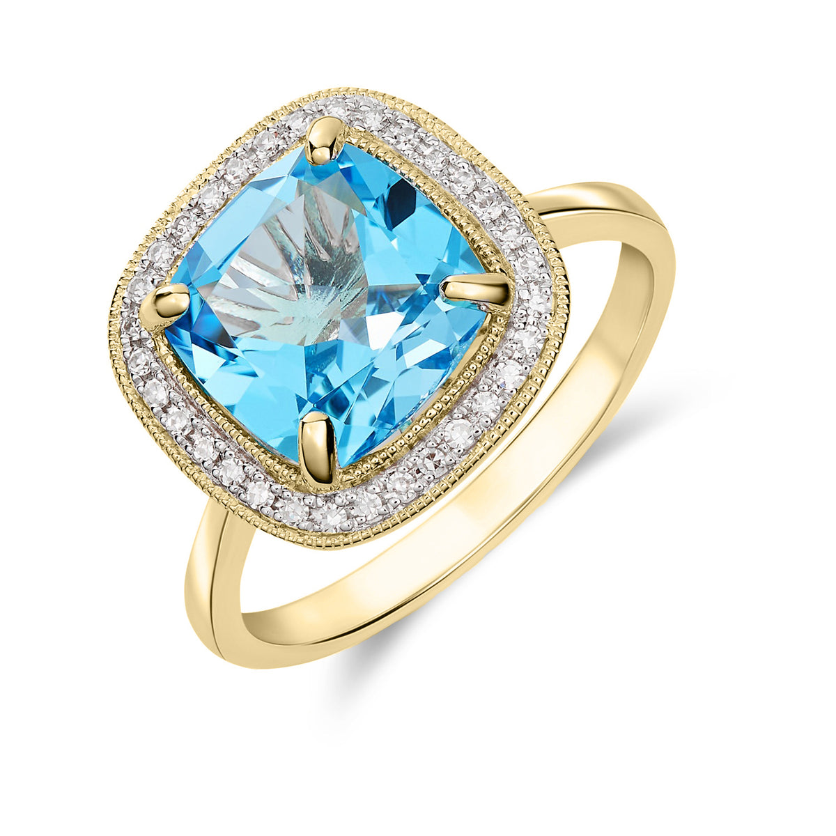 9CT YG 9MM CUSHION SWISS BLUE TOPAZ AND DIAMOND CLUSTER RING WITH MILLEGRAIN EDGE. RHODIUM TO DIAMONDS