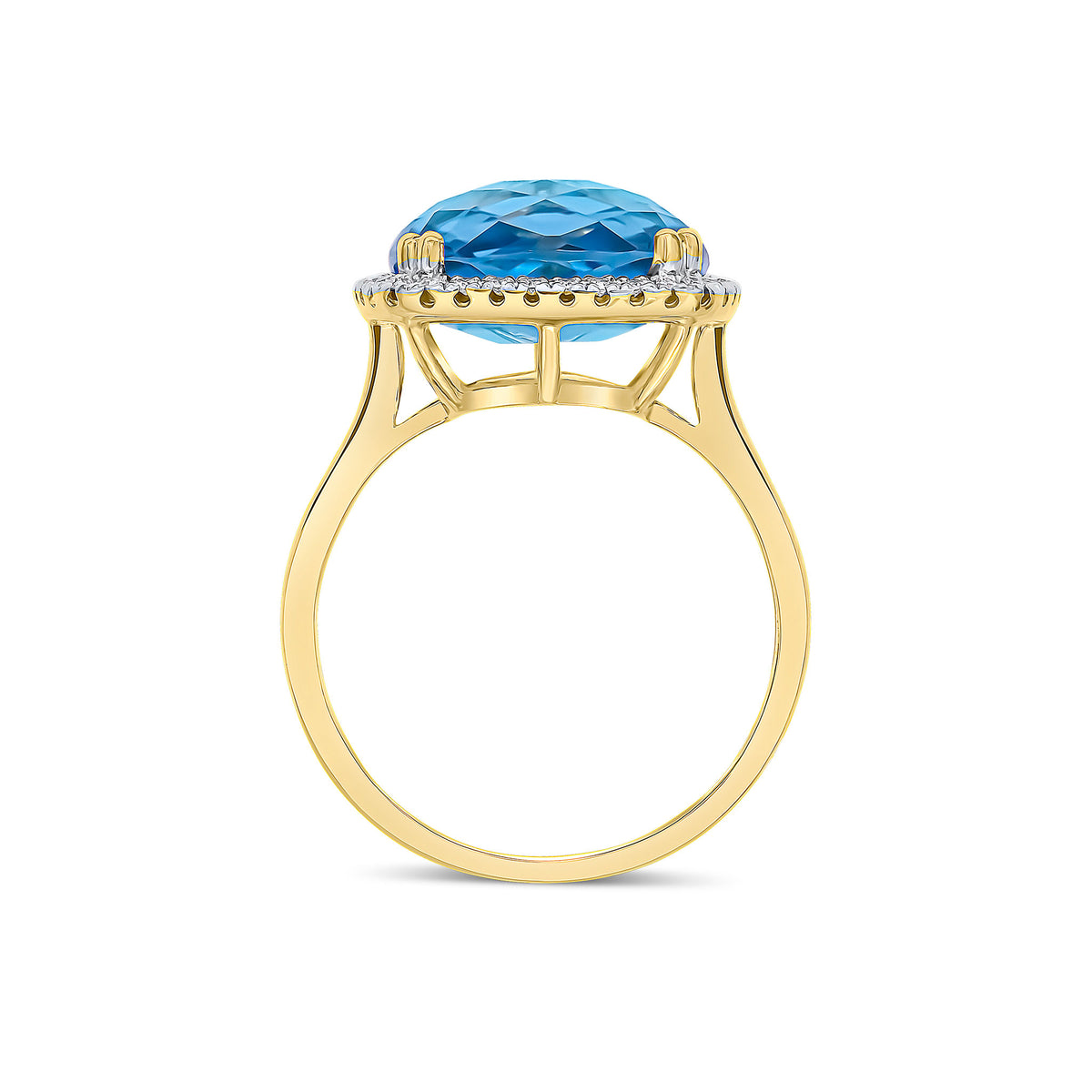 9CT YG 12MM CHECKERBOARD CUT CUSHION SWISS BLUE TOPAZ AND ROUND DIAMOND CLAW SET CLUSTER RING. RHODIUM TO DIAMONDS