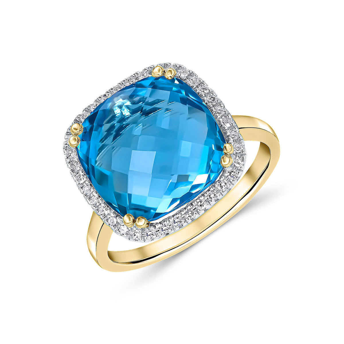9CT YG 12MM CHECKERBOARD CUT CUSHION SWISS BLUE TOPAZ AND ROUND DIAMOND CLAW SET CLUSTER RING. RHODIUM TO DIAMONDS