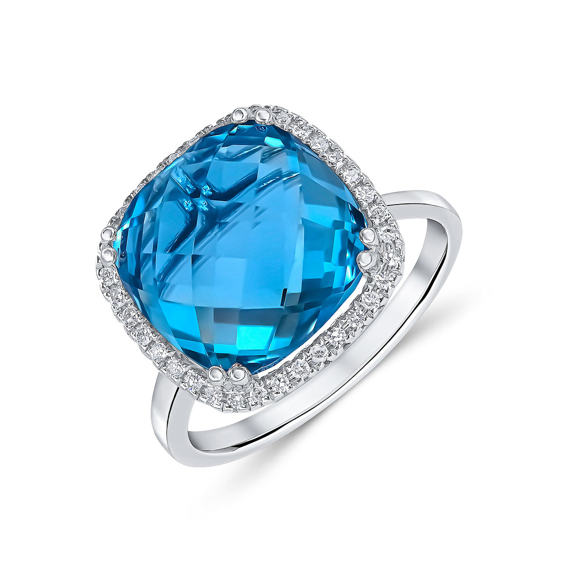 9CT WG 12MM CHECKERBOARD CUT CUSHION SWISS BLUE TOPAZ AND ROUND DIAMOND CLAW SET CLUSTER RING