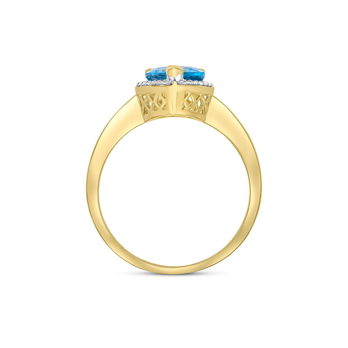 9CT YG 9X7 PEARSHAPE SWISS BLUE TOPAZ & DIAMOND CLAW SET CLUSTER RING. RHODIUM TO DIAMONDS