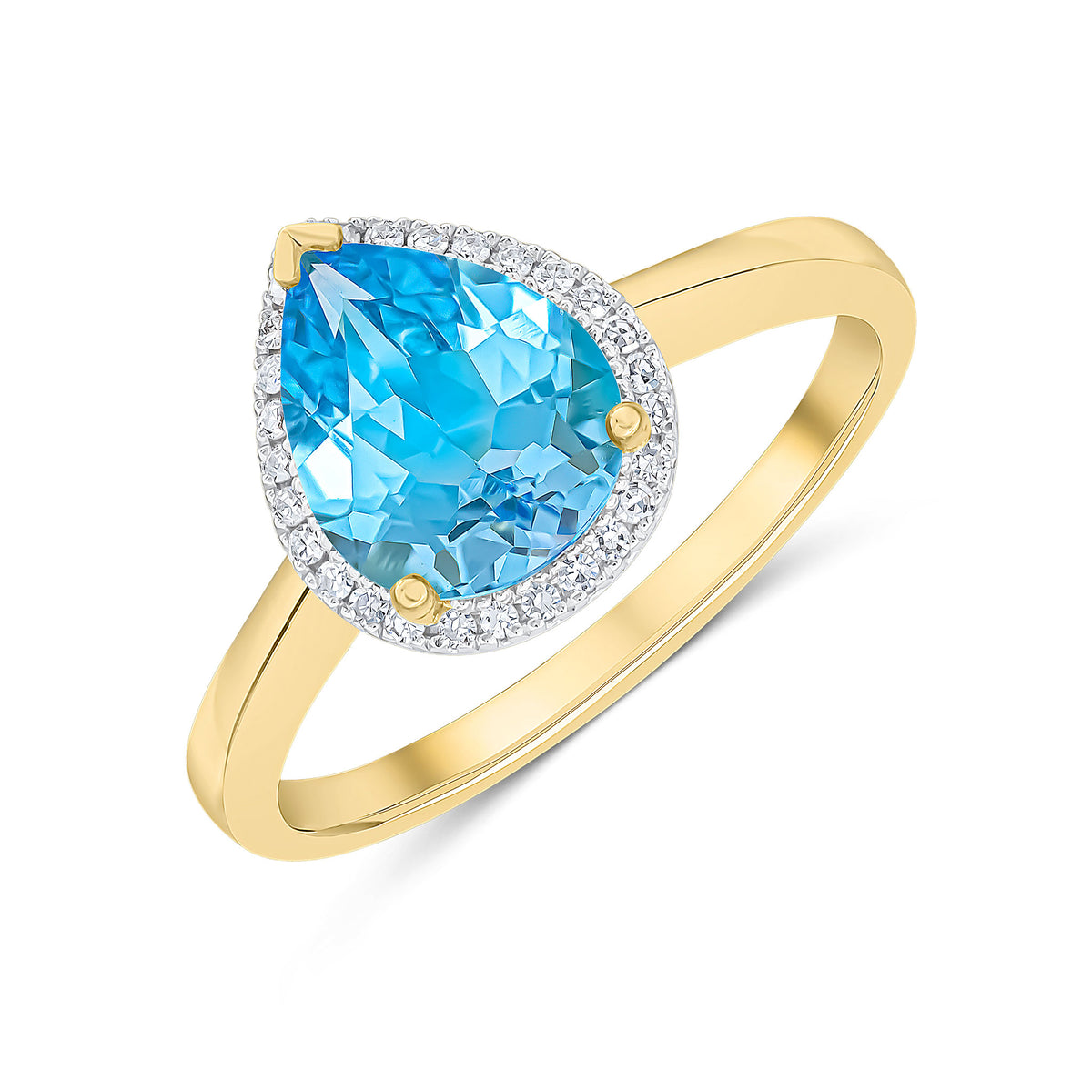 9CT YG 9X7 PEARSHAPE SWISS BLUE TOPAZ & DIAMOND CLAW SET CLUSTER RING. RHODIUM TO DIAMONDS