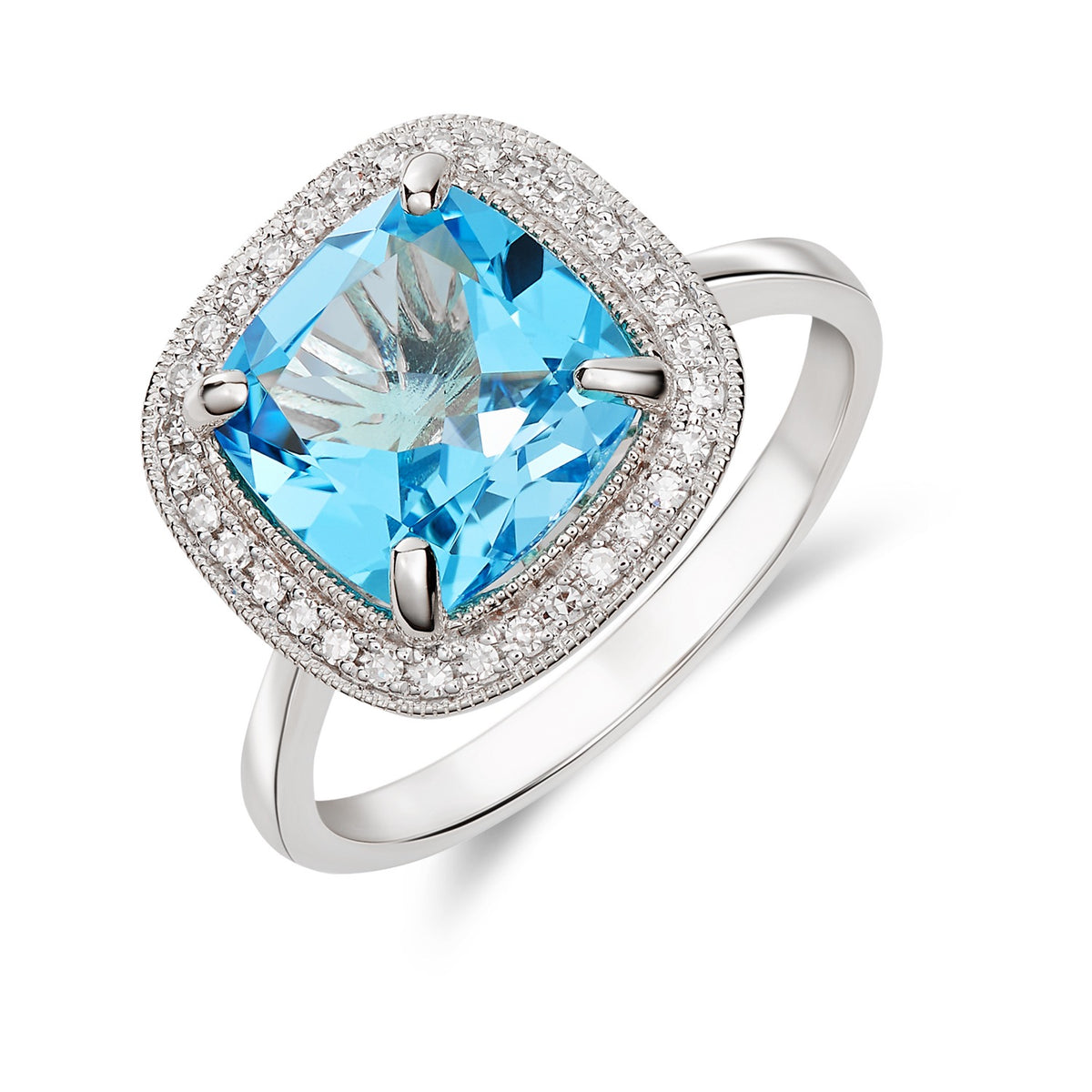 9CT WG 9MM CUSHION SWISS BLUE TOPAZ AND DIAMOND CLUSTER RING WITH MILLEGRAIN EDGE