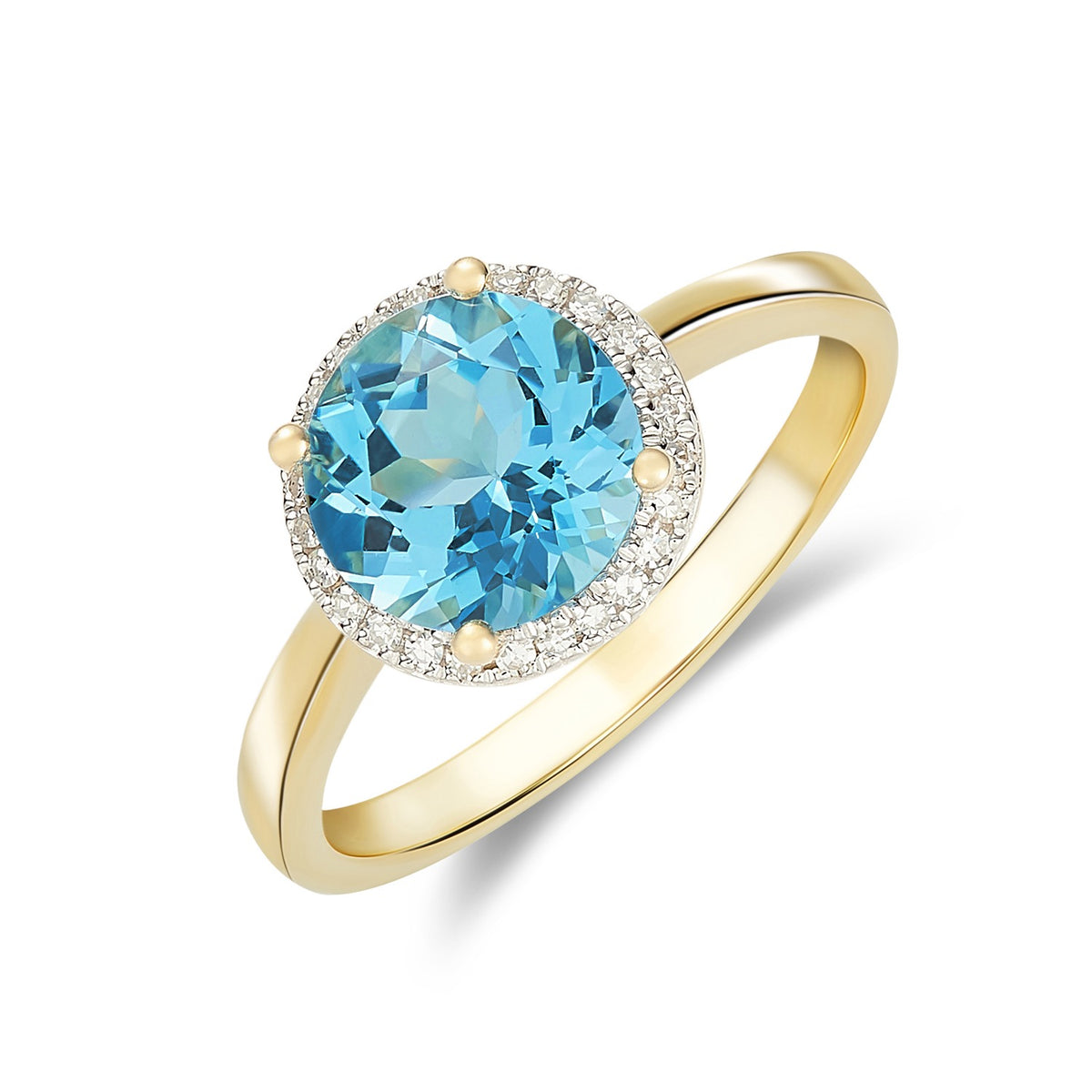 9CT YG 8MM ROUND SWISS BLUE TOPAZ AND DIAMOND CLAW CLUSTER RING. RHODIUM TO DIAMONDS