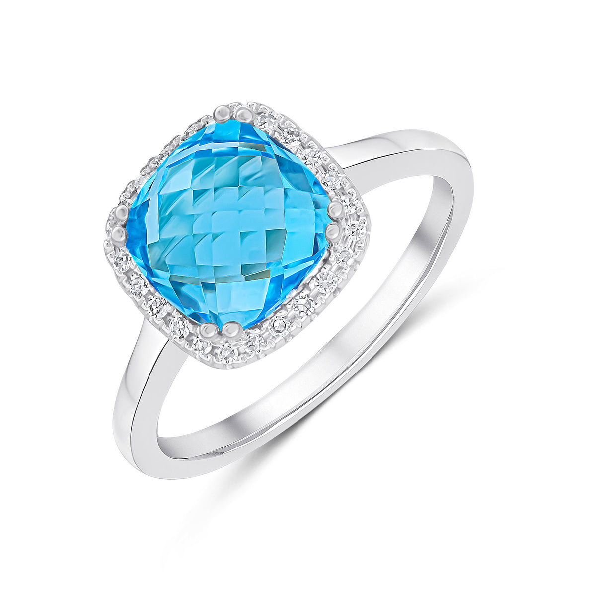 9CT WG 8MM CHECKERBOARD CUT CUSHION SWISS BLUE TOPAZ AND ROUND DIAMOND CLAW SET CLUSTER RING