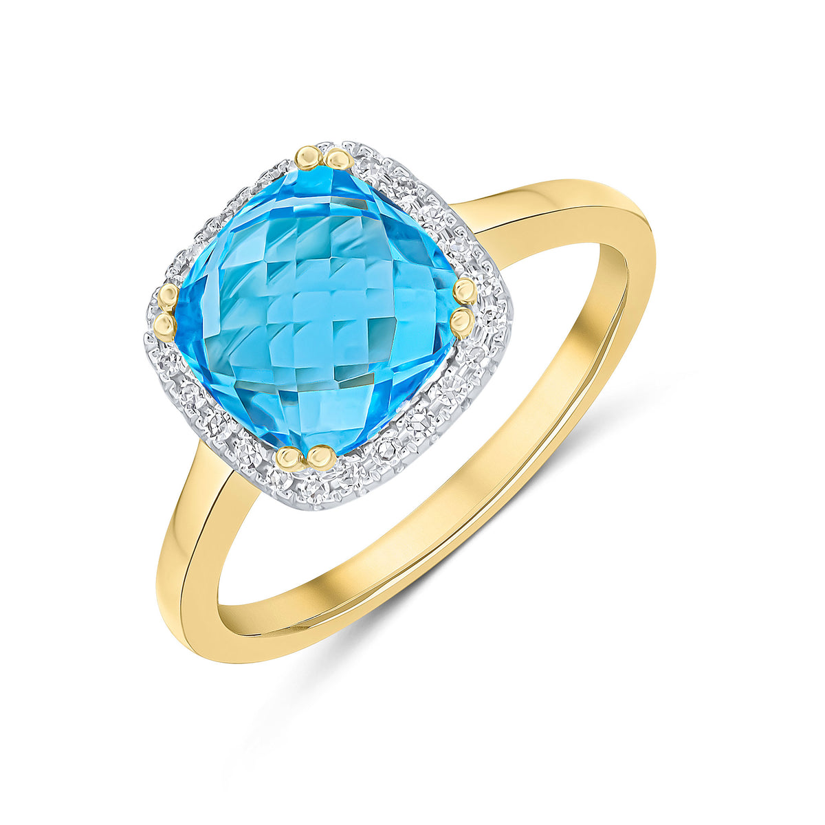 9CT YG 8MM CHECKERBOARD CUT CUSHION SWISS BLUE TOPAZ AND ROUND DIAMOND CLAW SET CLUSTER RING