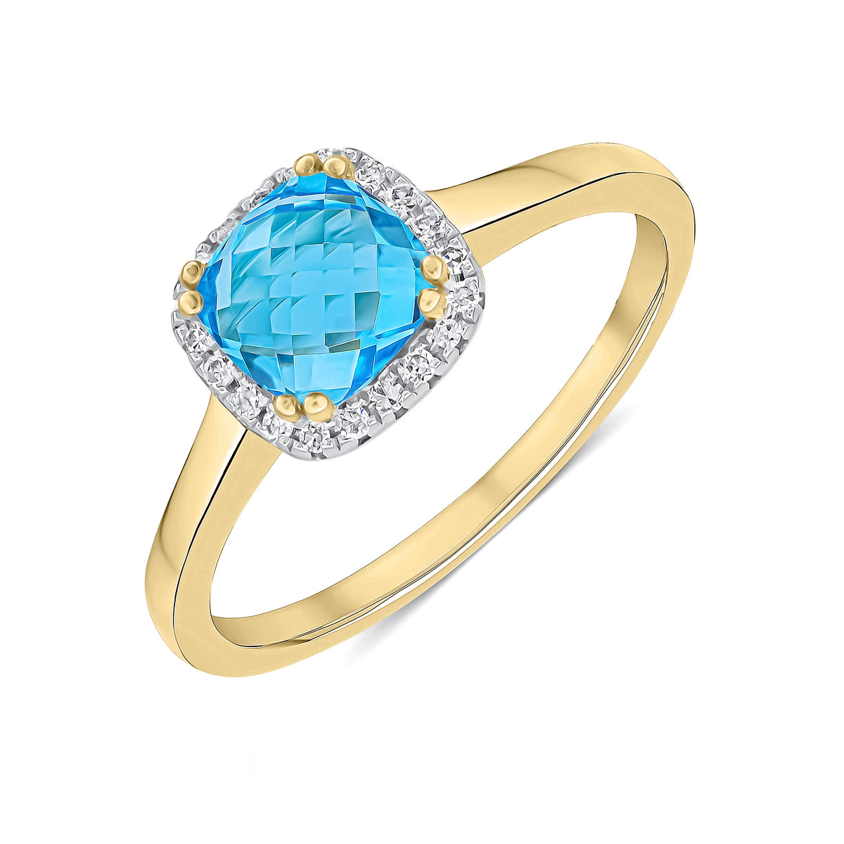 9CT YG 6MM CHECKERBOARD CUT CUSHION SWISS BLUE TOPAZ AND ROUND DIAMOND CLAW SET CLUSTER RING
