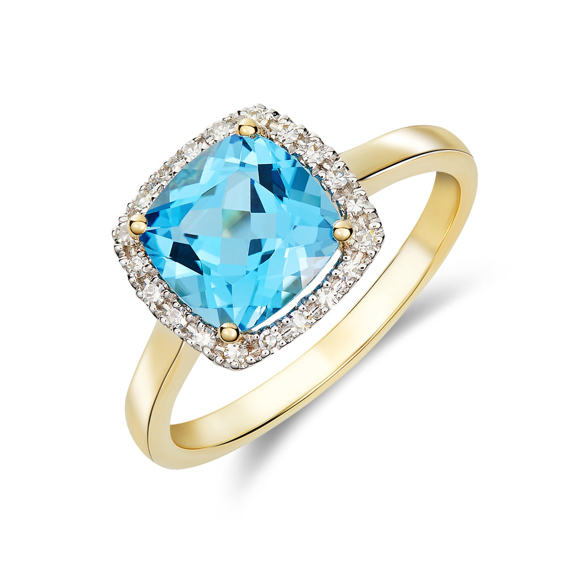 9CT YG 8MM CUSHION SWISS BLUE TOPAZ AND ROUND DIAMOND CLAW CLUSTER RING. RHODIUM TO DIAMONDS