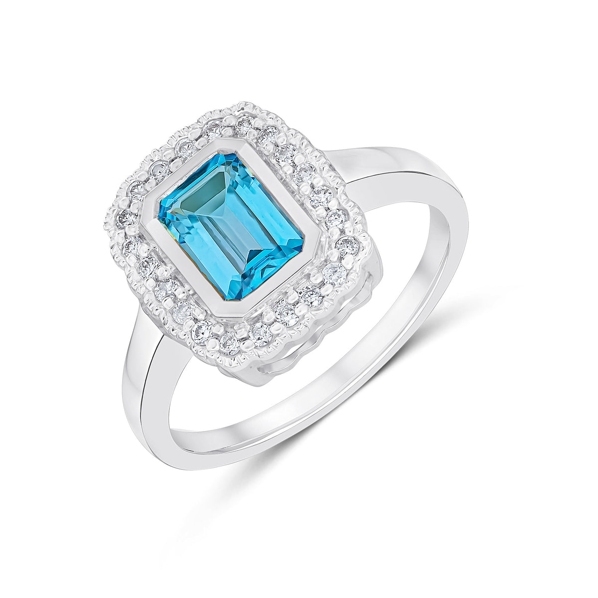9CT WG RUBOVER 7X5 OCTAGON SWISS BLUE TOPAZ AND DIAMOND CLUSTER RING WITH MILLEGRAIN EDGE.