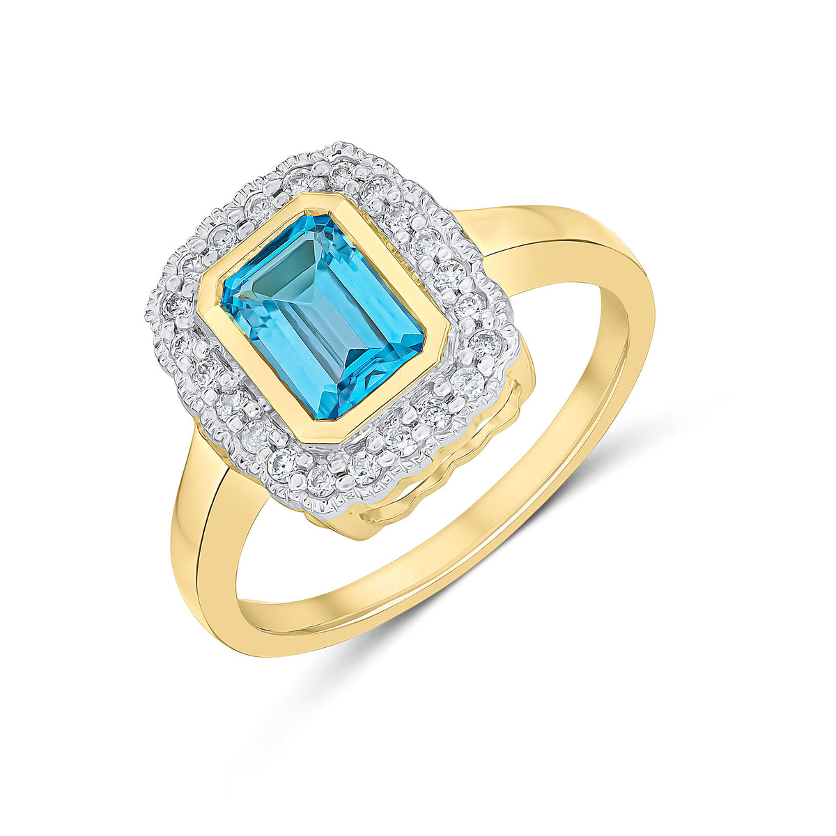 9CT YG RUBOVER 7X5 OCTAGON SWISS BLUE TOPAZ AND DIAMOND CLUSTER RING WITH MILLEGRAIN EDGE. RHODIUM TO DIAMONDS
