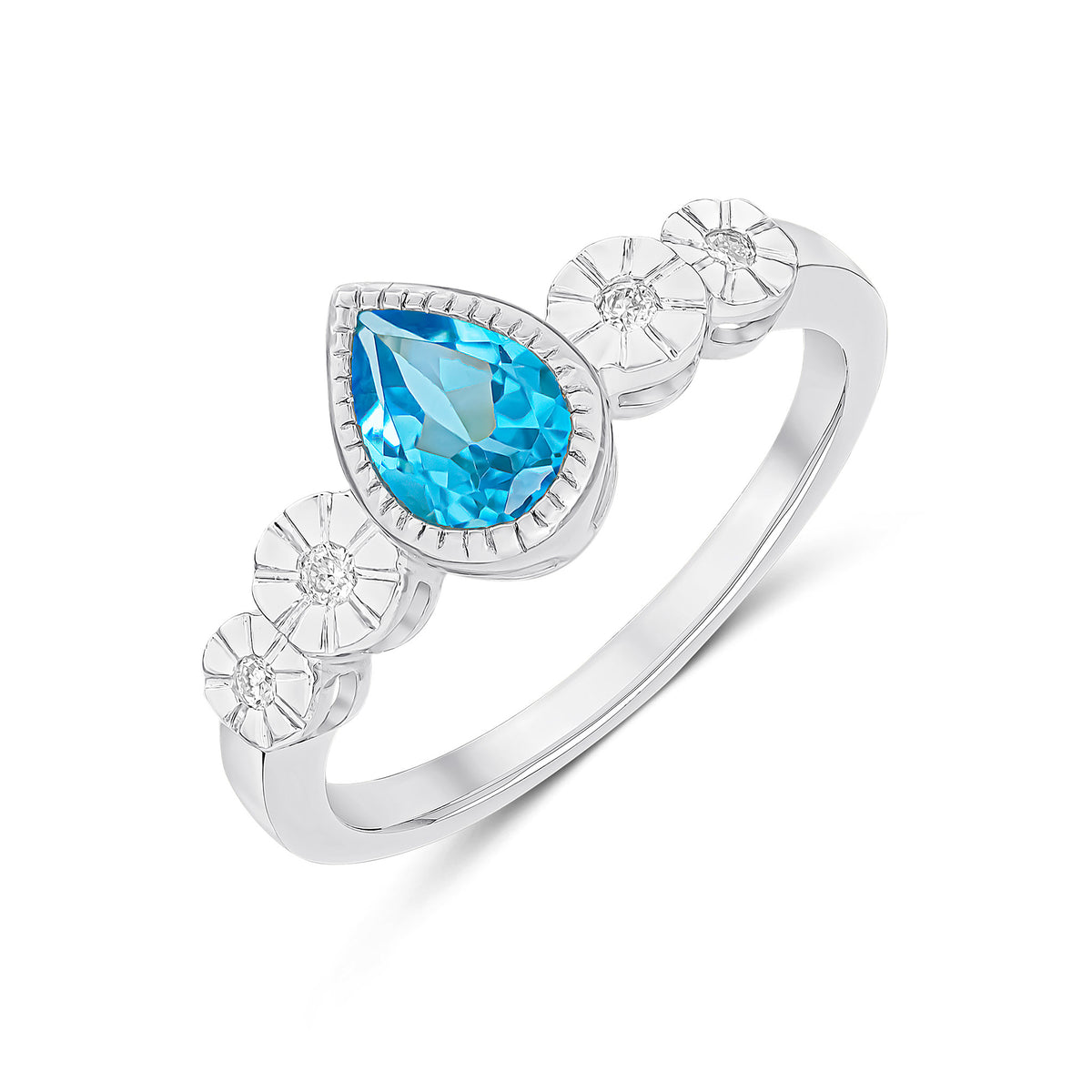 9CT WHITE GOLD MILLEGRAIN PEARSHAPE SWISS BLUE TOPAZ AND ILLUSION DIAMOND 4ST SHOULDERS RING