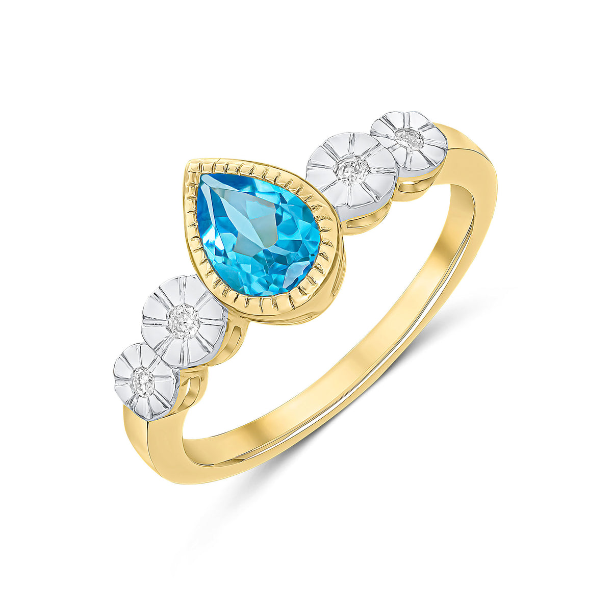 9CT YELLOW GOLD MILLEGRAIN PEARSHAPE SWISS BLUE TOPAZ AND ILLUSION DIAMOND 4ST SHOULDERS RING. RHODIUM TO DIAMONDS