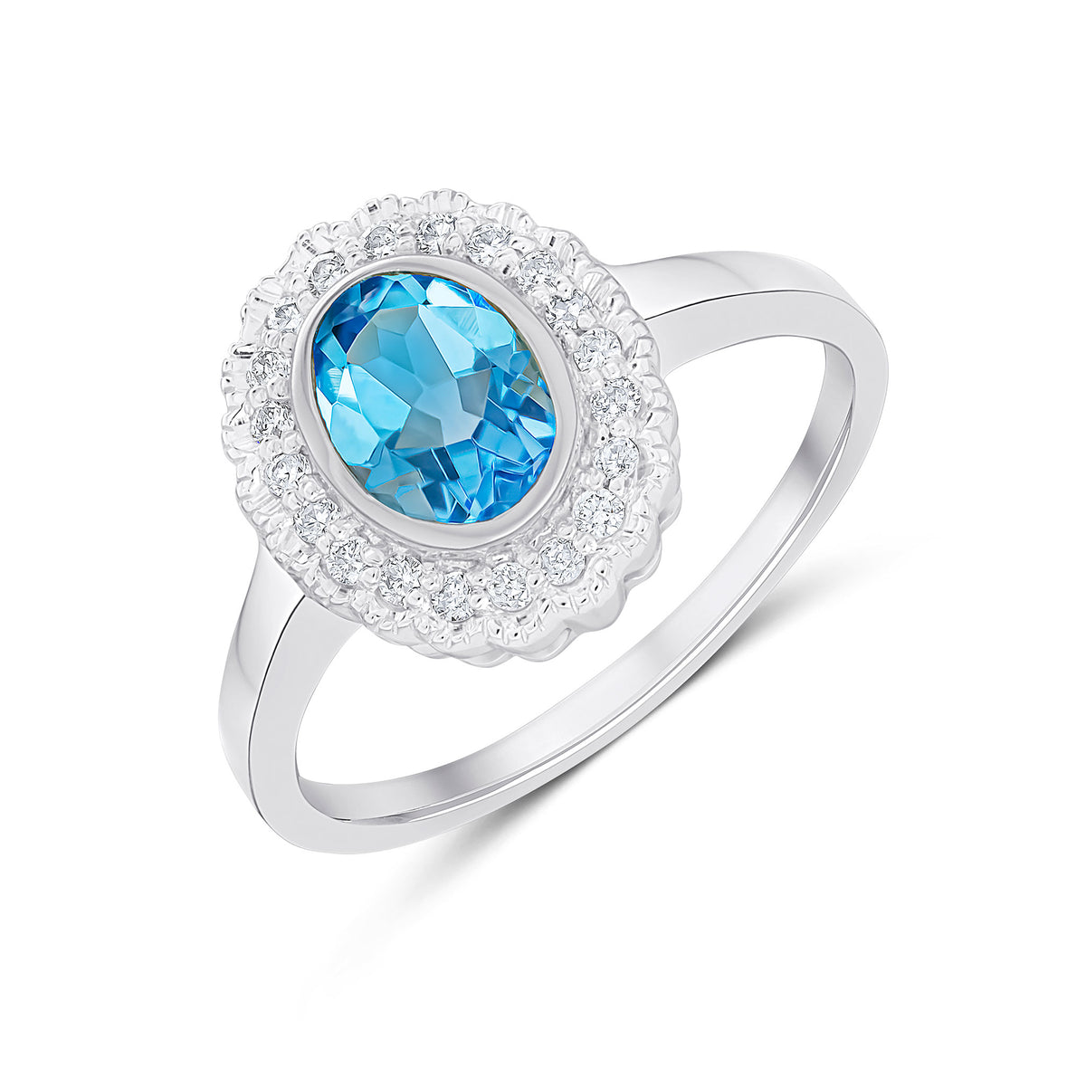 9CT WHITE GOLD RUBOVER OVAL SWISS BLUE TOPAZ AND MILLEGRAIN ROUND DIAMOND CLUSTER RING