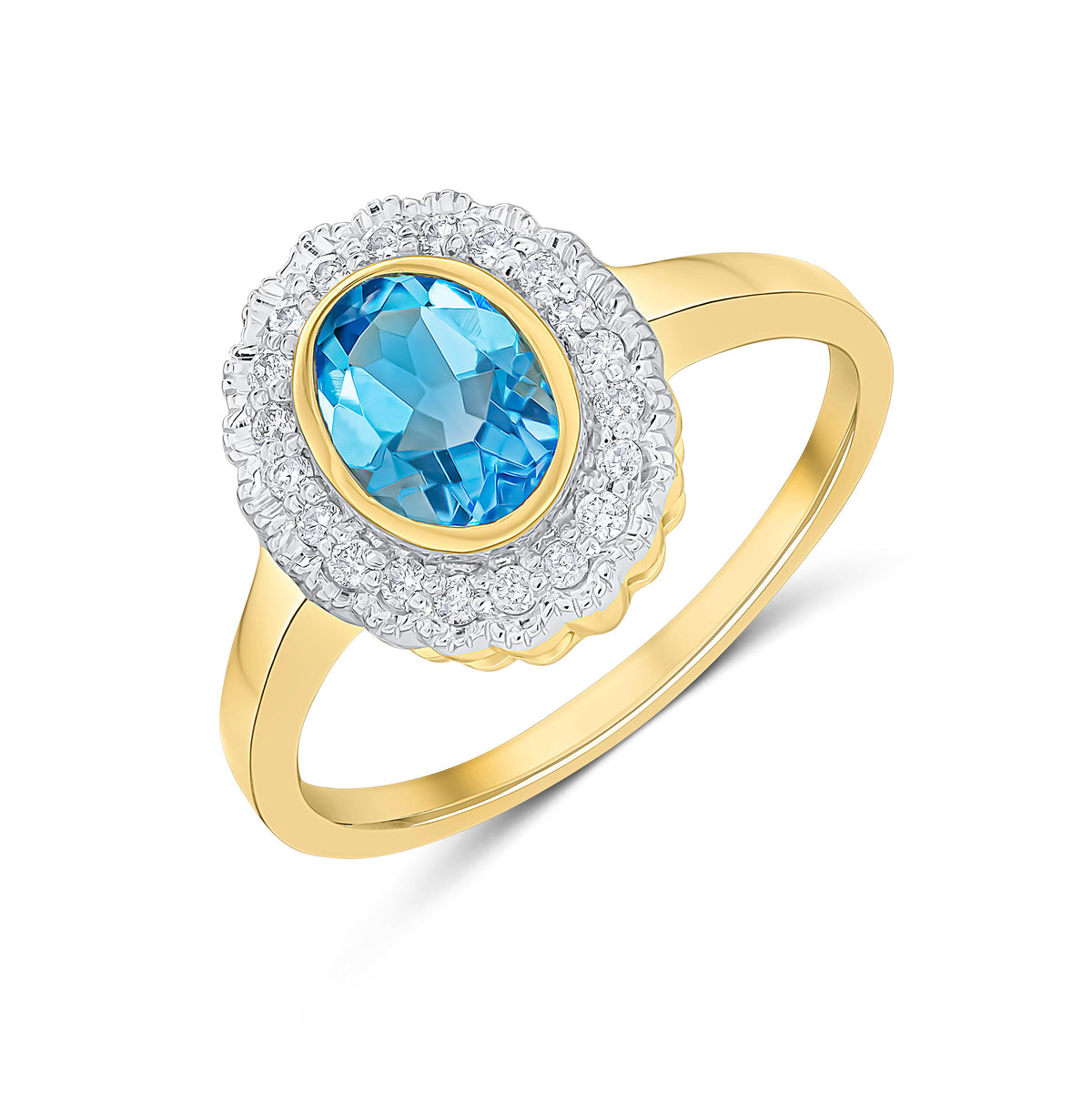 9CT YG RUBOVER 7X5 OVAL SWISS BLUE TOPAZ AND MILLEGRAIN ROUND DIAMOND CLUSTER RING. RHODIUM TO DIAMONDS